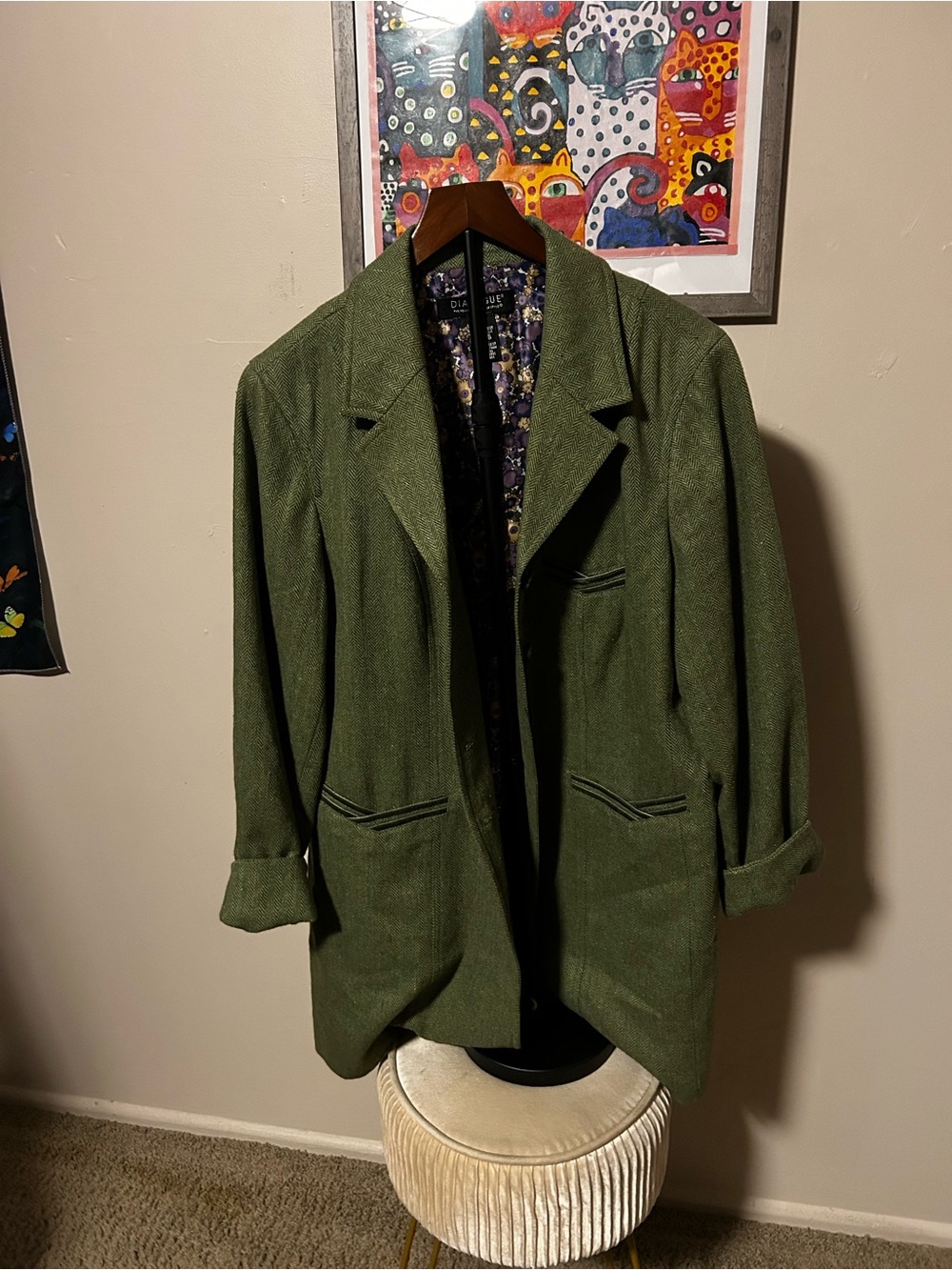 Dialogue Olive Herringbone Blazer with Purple Floral Lining